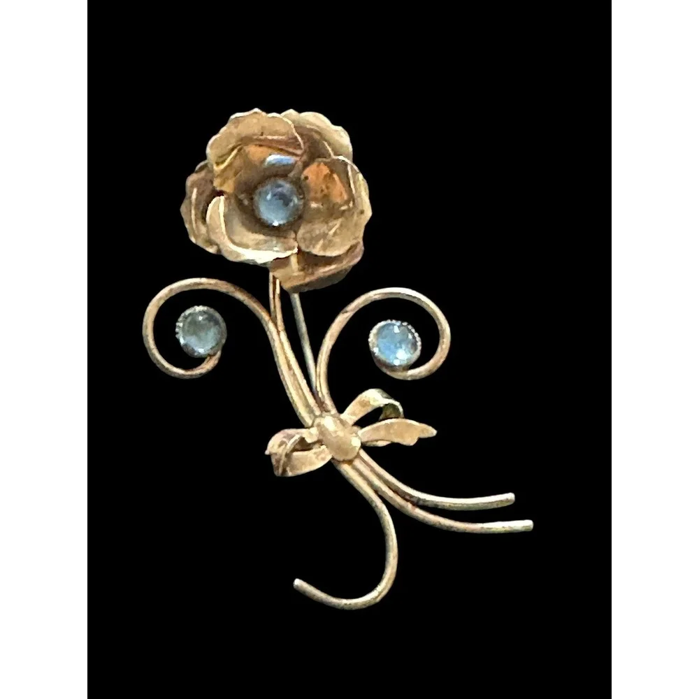 Vintage Gold Tone Flower Floral Brooch Blue Rhinestones Signed AVIL‎ STE